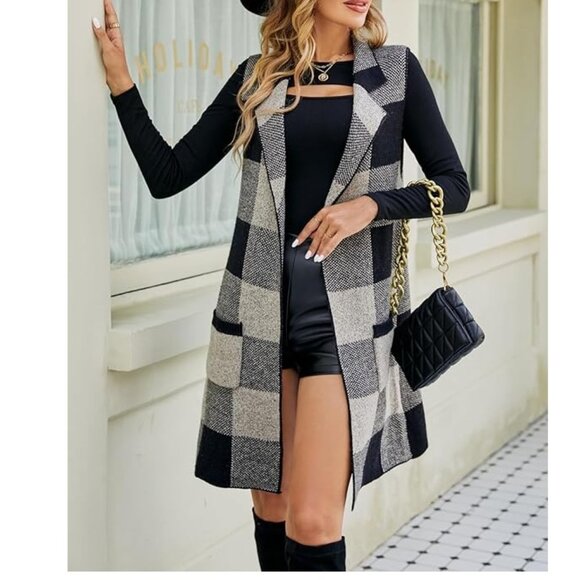 NEW Open Front Knit Cardigan Jacket Plaid Blazer Vest S Sleeveless Jacquard Long - Picture 5 of 15